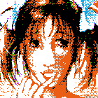 heavily dithered preview image of black haired girl with pigtails tied with big blue bows with timid expression