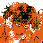 heavily dithered preview image of concentrated curly, dark haired character looking down