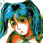 heavily dithered preview image of girl with indifferent expression looking to the side while running left hand through long dark blueish hair tied into pigtails